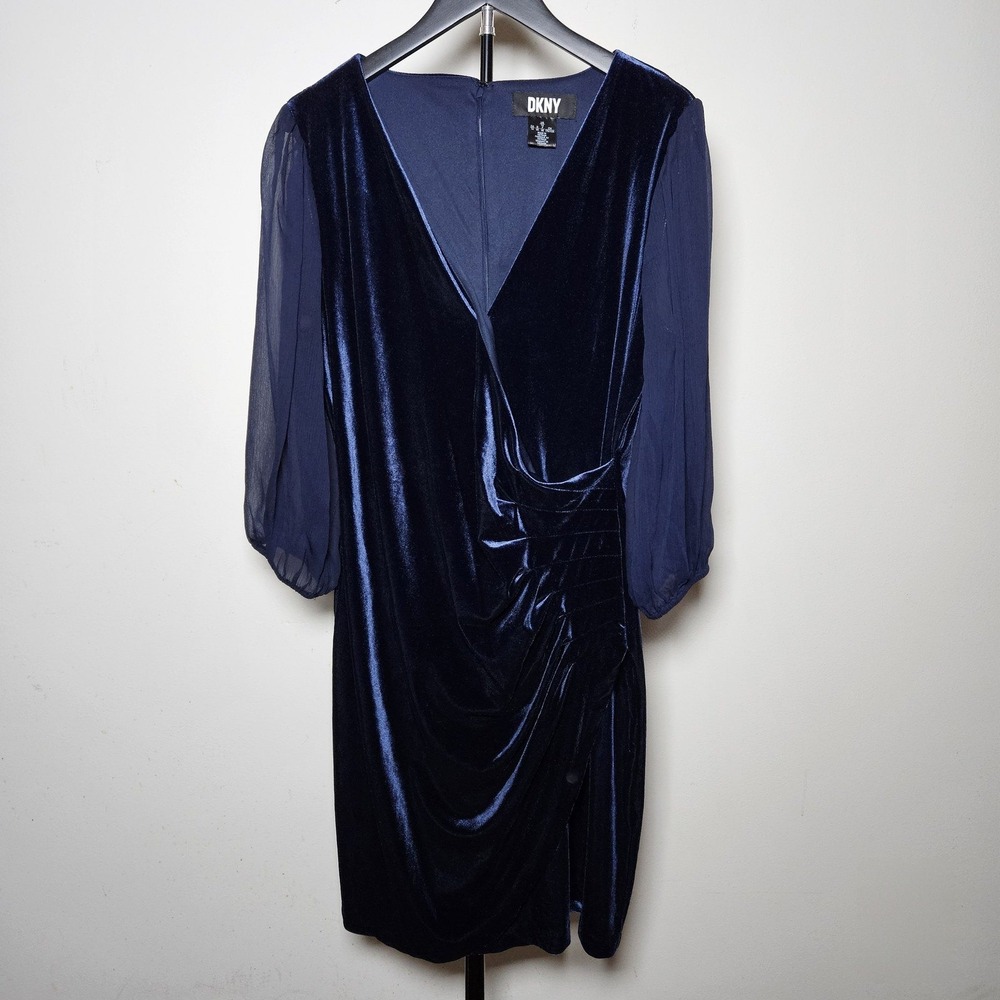 DKNY Navy Velvet Faux Wrap Dress Sheer Chiffon Balloon Sleeve Ruched Cocktail 14